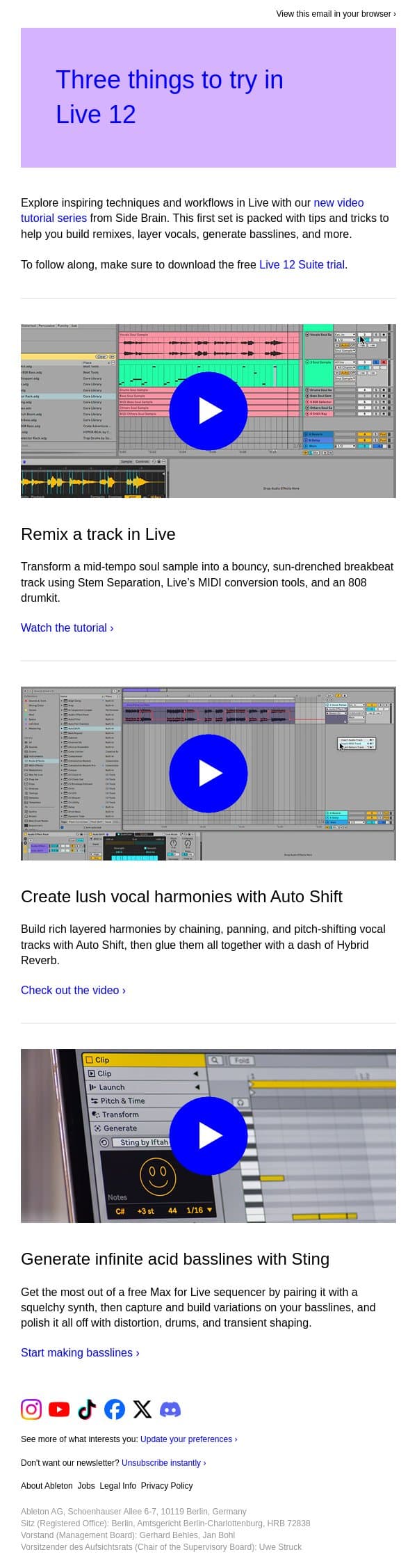 Sampling, basslines and more – learn how in Live 12 email from Ableton screenshot