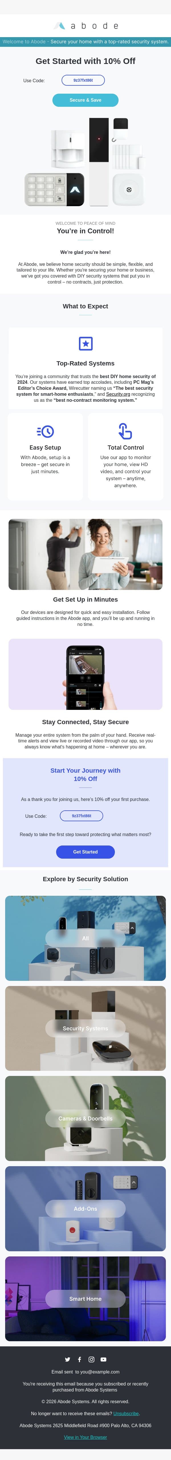 Welcome to Abode – 10% Off Your Journey to Peace of Mind email from Abode screenshot