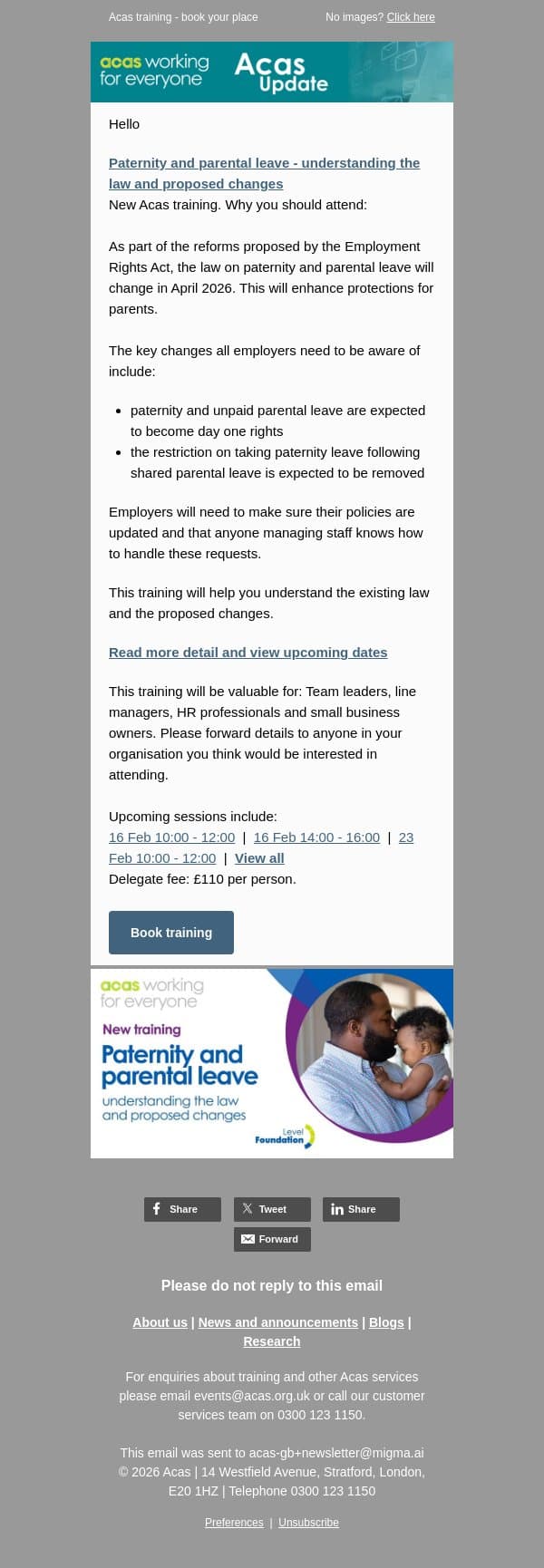 Paternity and parental leave - understanding the law and proposed changes email from ACAS screenshot