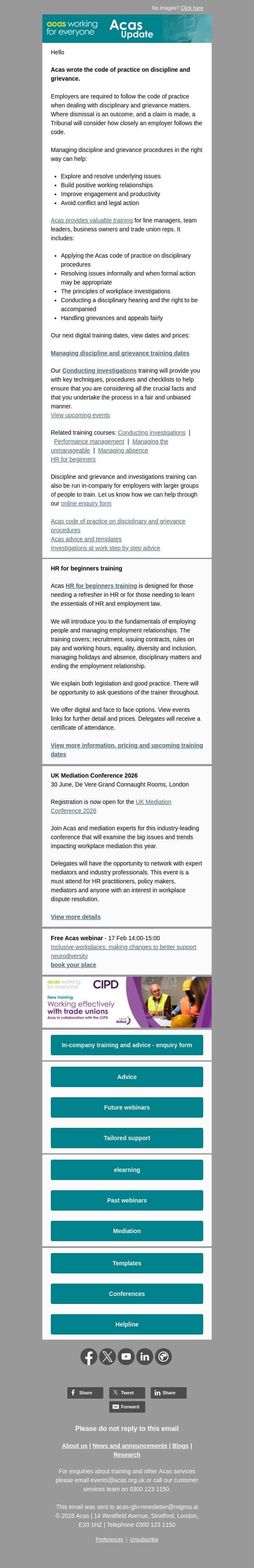 Discipline and grievance | conducting investigations | HR for beginners email from ACAS screenshot