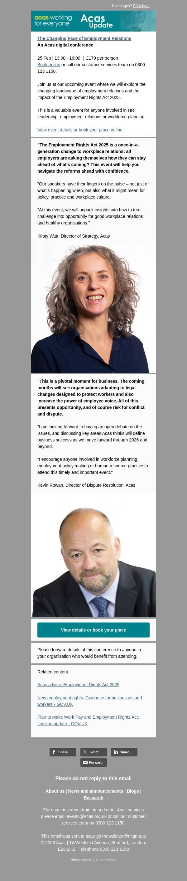 The changing face of employment relations - digital conference email from ACAS screenshot