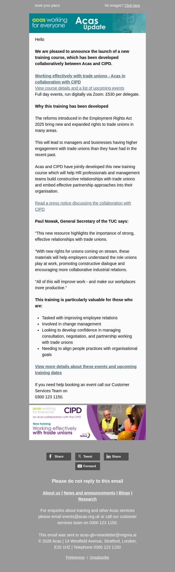 Working effectively with trade unions - New Acas & CIPD training email from ACAS screenshot