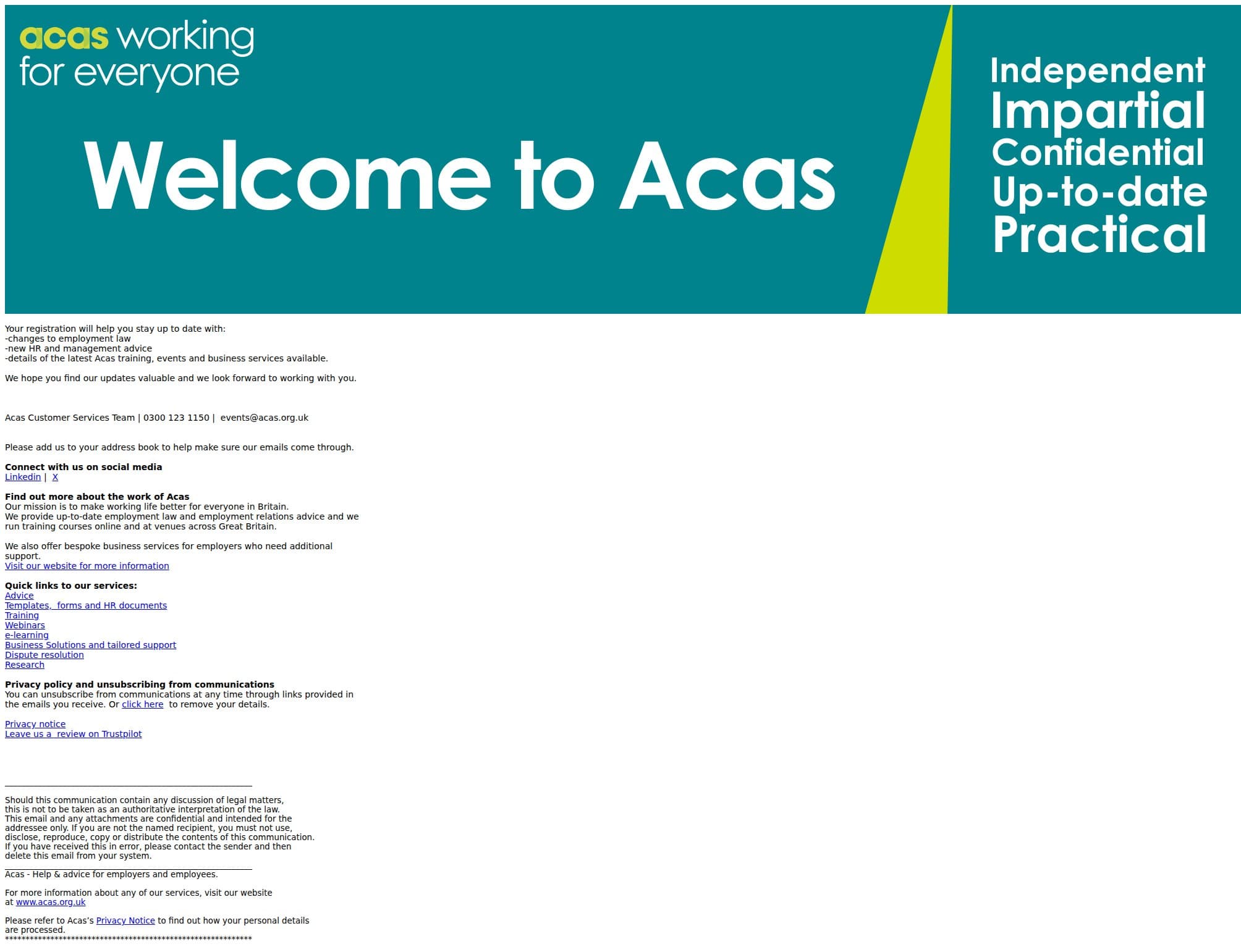 Welcome to Acas email from ACAS screenshot