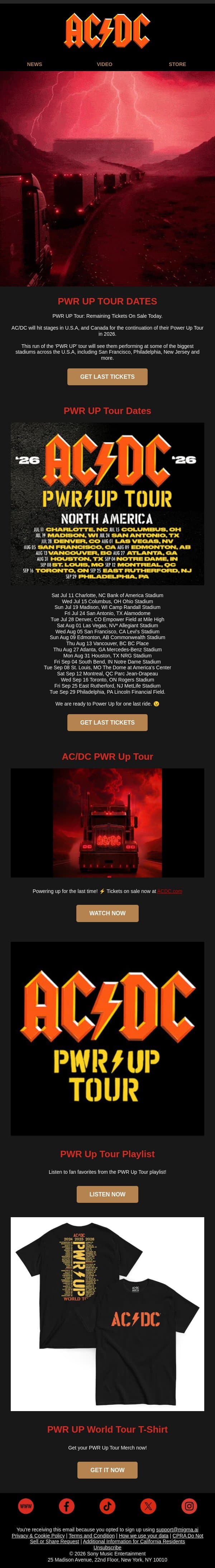PWR Up Tour Tickets ⚡️ Last Few Remaining! email from AC/DC screenshot