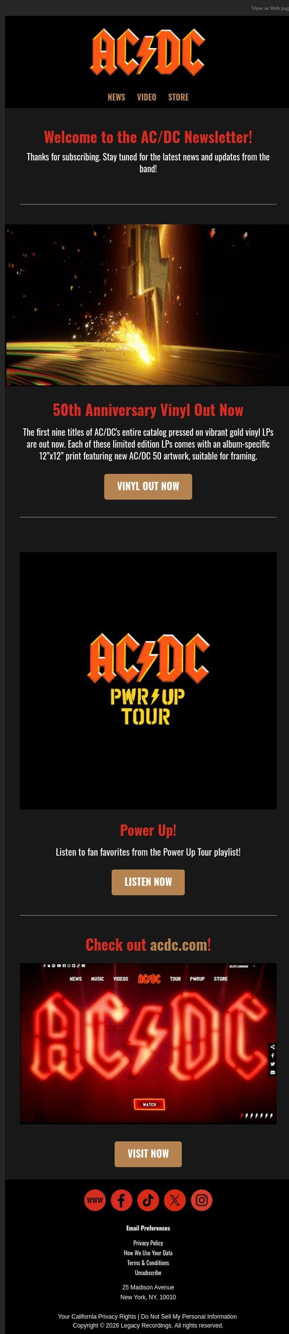 Thanks for Signing Up email from AC/DC screenshot