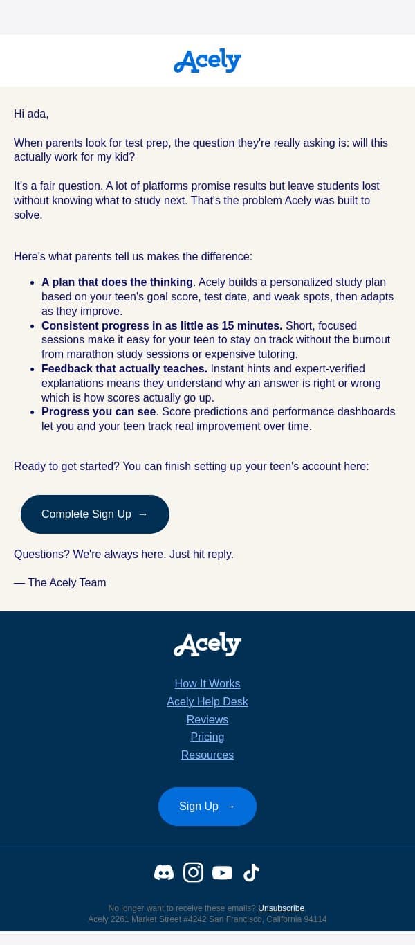 Your child's next big "aha!" moment is waiting email from Acely screenshot