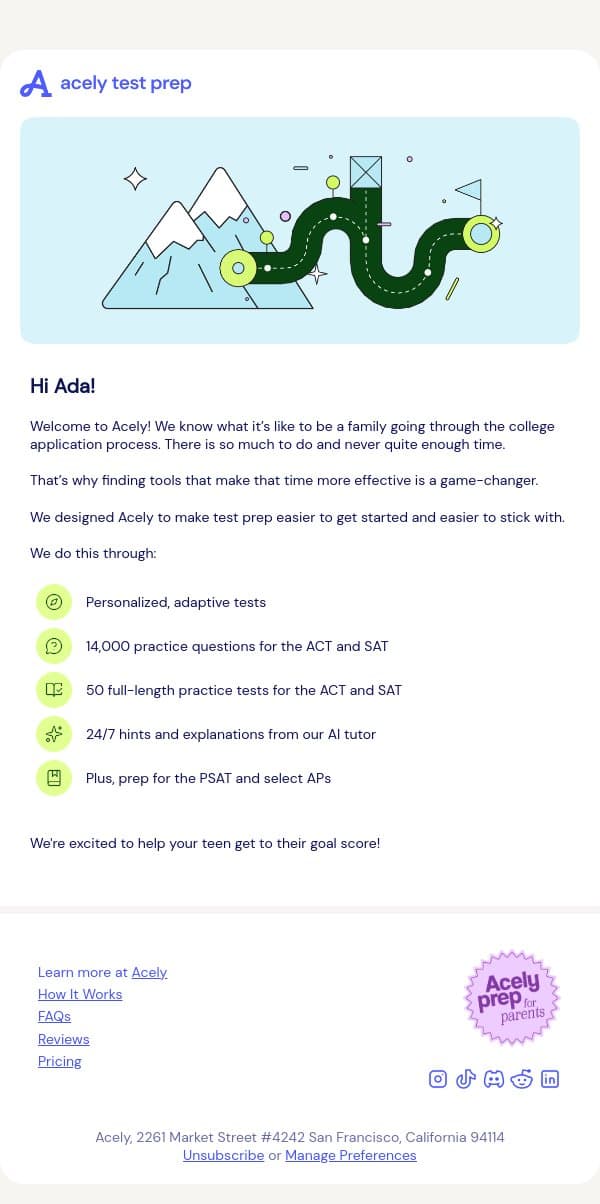 Welcome 👋 email from Acely screenshot
