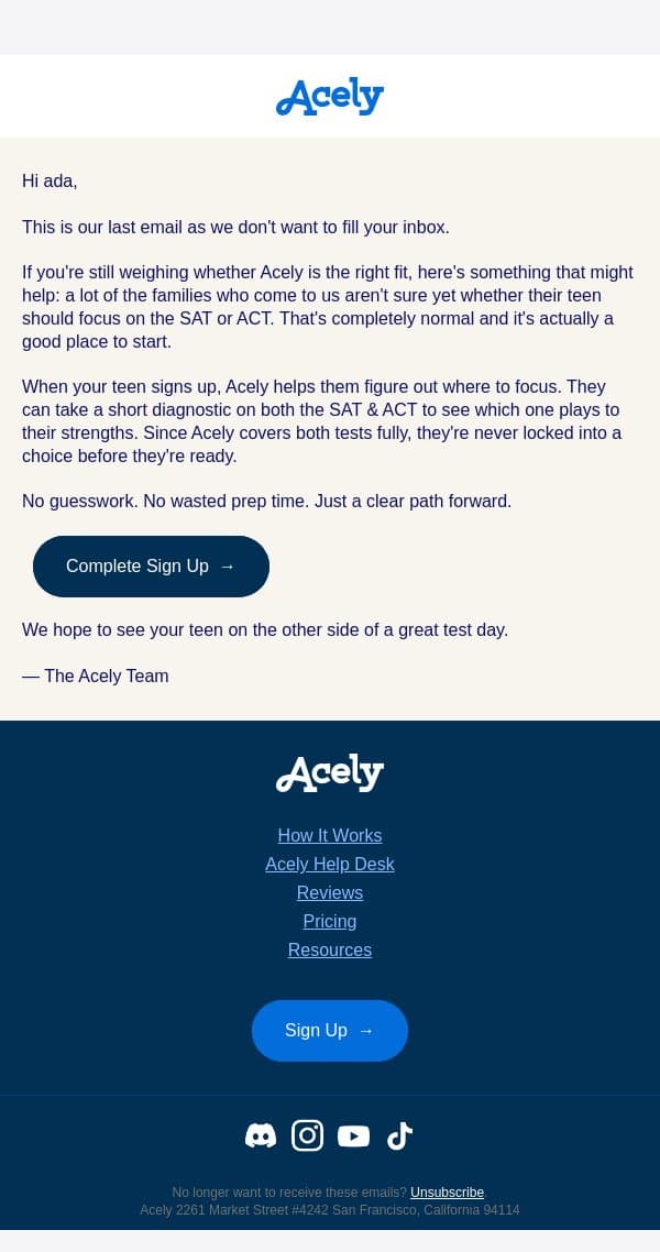 Your teen's test prep plan starts with one question email from Acely screenshot
