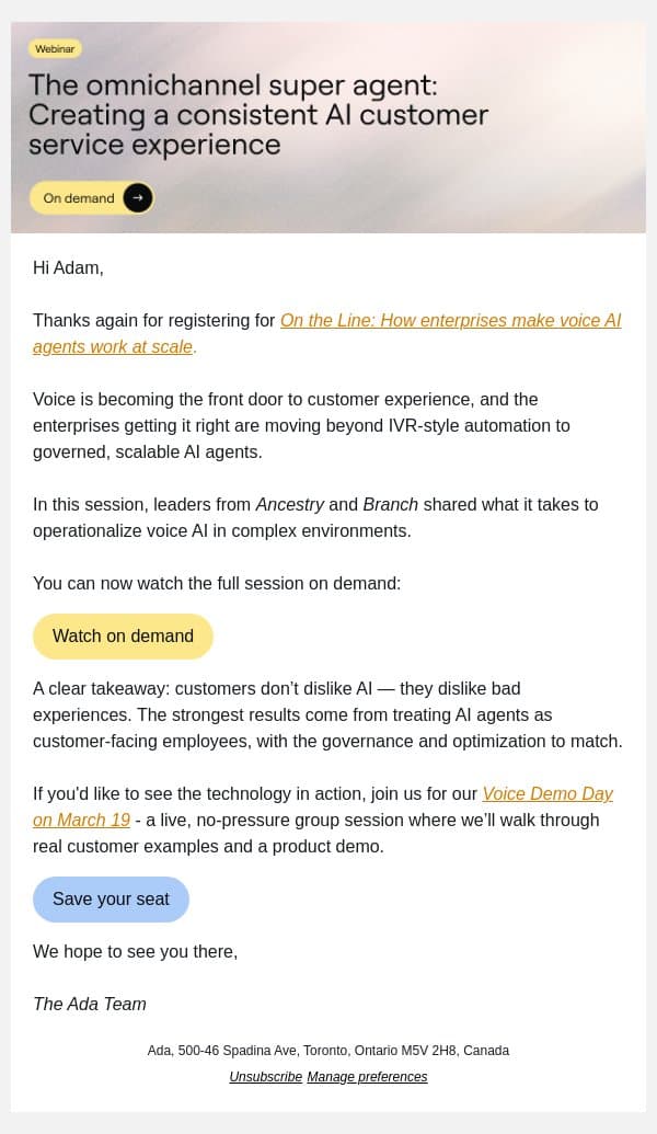 How enterprises make voice AI agents work at scale email from Ada screenshot