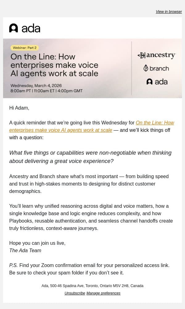 Going Live Wednesday: Scaling AI Voice Agents email from Ada screenshot