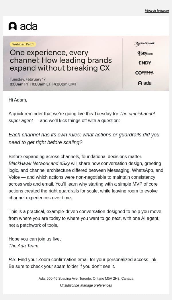 Reminder to attend: The omnichannel super agent this Tuesday! email from Ada screenshot