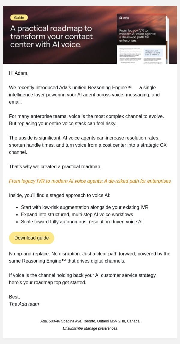 See the enterprise path beyond rigid IVR, powered by unified reasoning. email from Ada screenshot