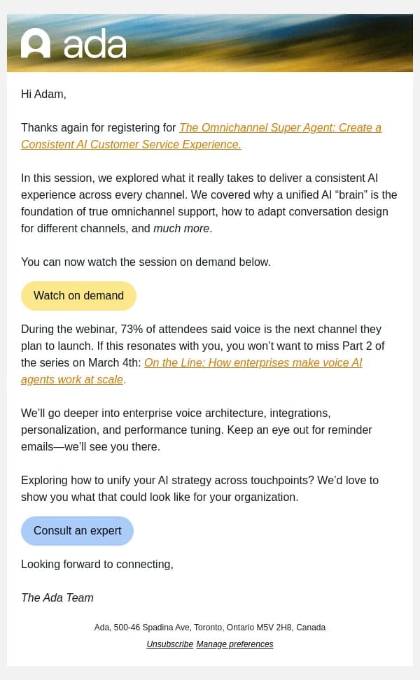 Is your AI consistent across every channel? email from Ada screenshot