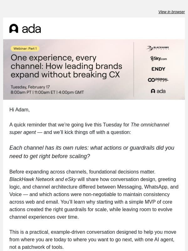 Reminder to attend: The omnichannel super agent this Tuesday! email from Ada