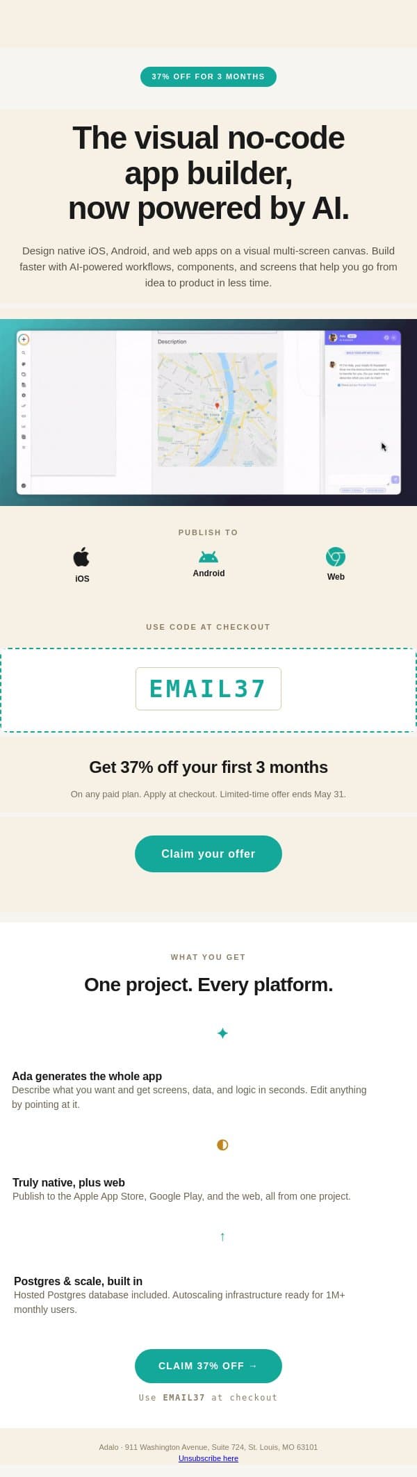 Your 37% off is inside. Build any app with AI ✦ email from Adalo screenshot
