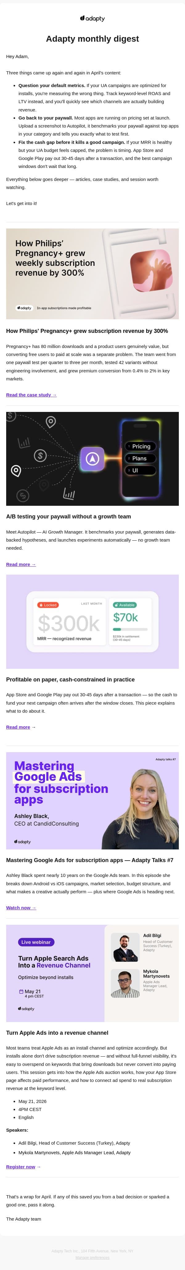 UA, paywalls, and cash flow — what we covered in April email from Adapty screenshot