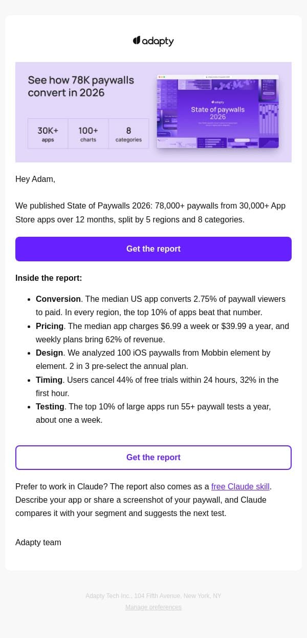 State of Paywalls 2026: benchmarks for your region email from Adapty screenshot