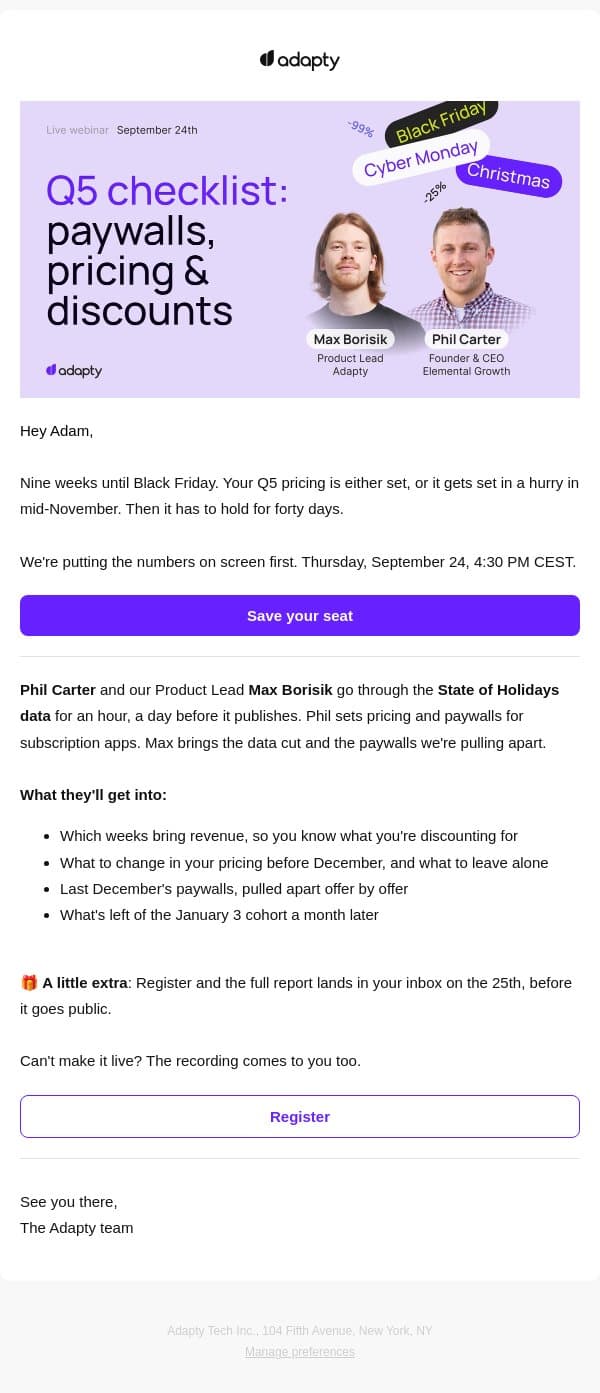 Q5 checklist: pricing, offers, paywalls email from Adapty screenshot