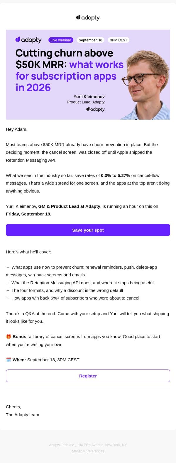 The last screen before users cancel email from Adapty screenshot
