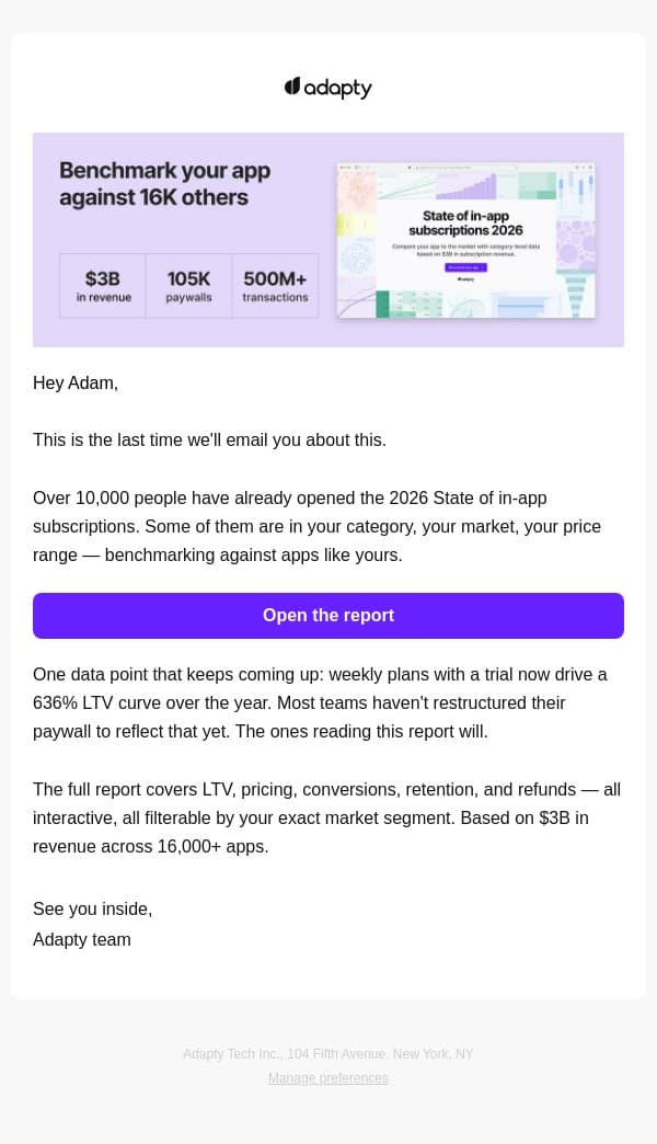 ⚠️ Final send: the report 10,000+ subscription teams already opened email from Adapty screenshot