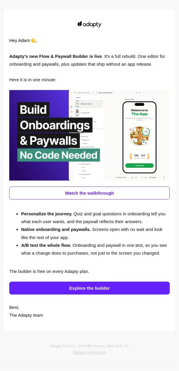 New at Adapty: Flow & Paywall Builder is live! email from Adapty screenshot