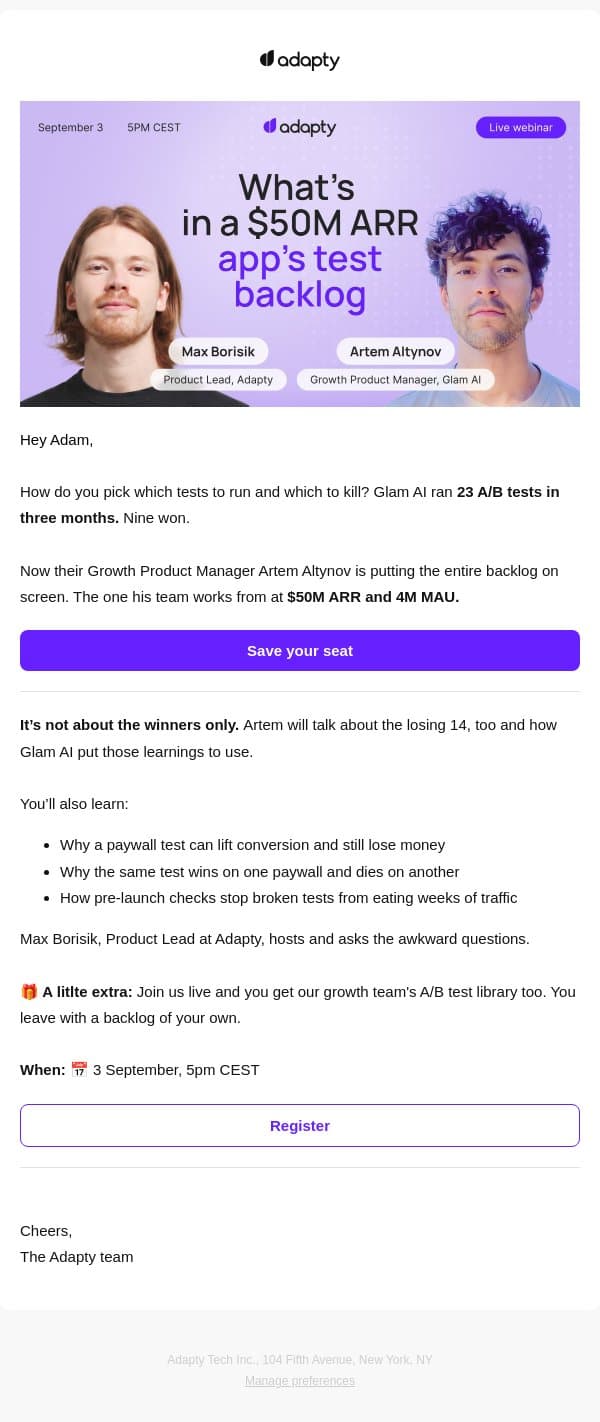 How does a $50M ARR app run its A/B tests? email from Adapty screenshot