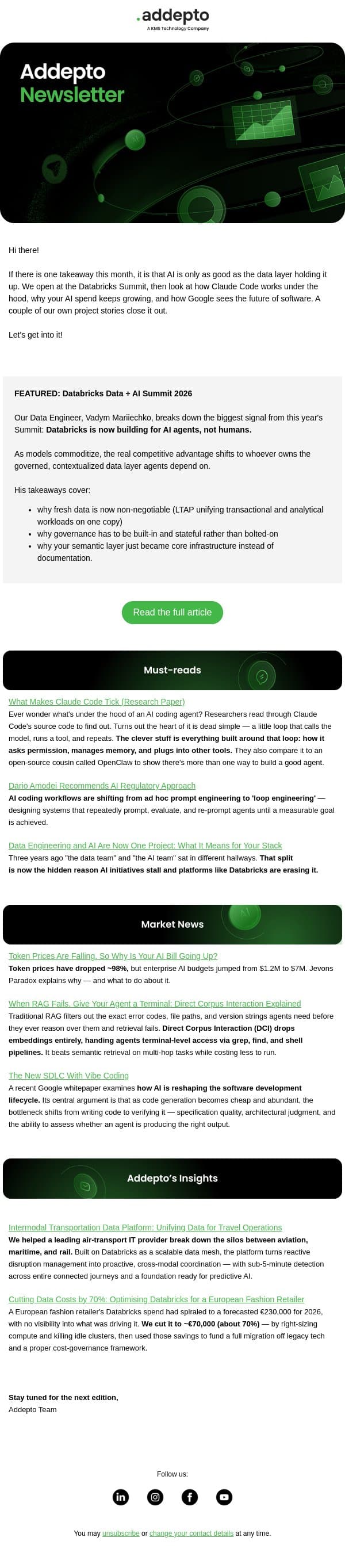Inside Claude Code, rising AI bills & new case studies email from Addepto screenshot
