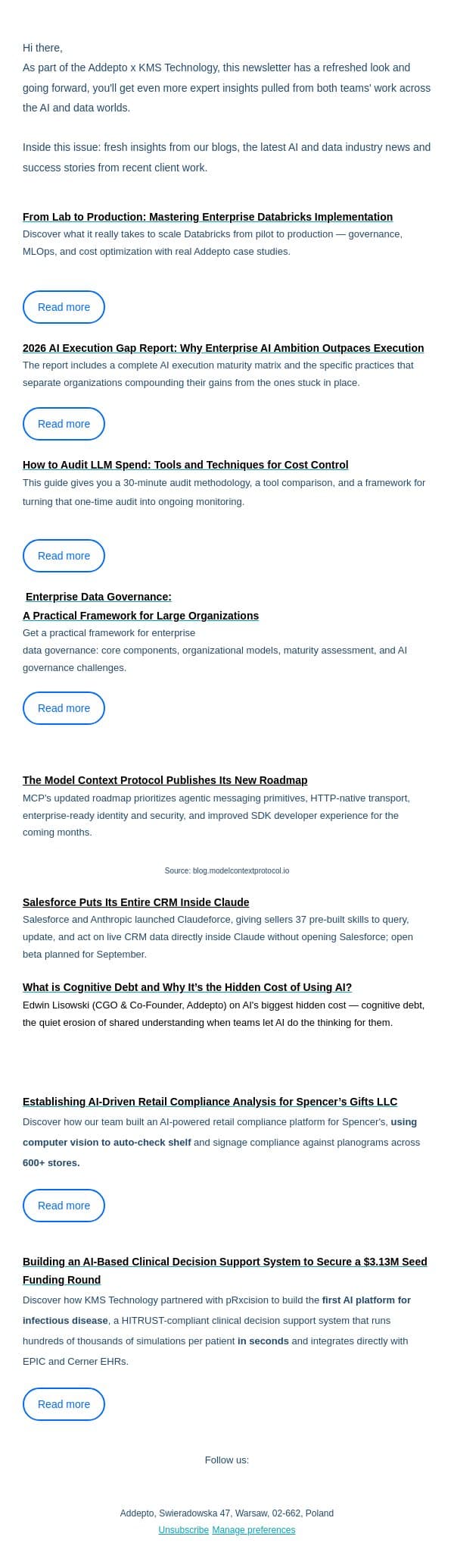What's quietly draining your team's AI ROI? | Addepto Newsletter email from Addepto screenshot
