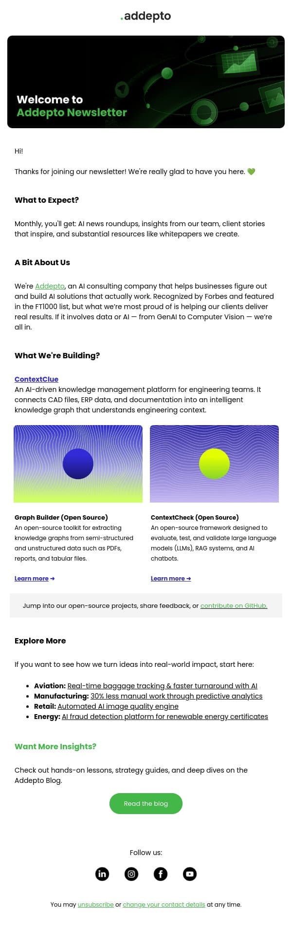 You’re in! Welcome to Addepto Newsletter! 👋 email from Addepto screenshot