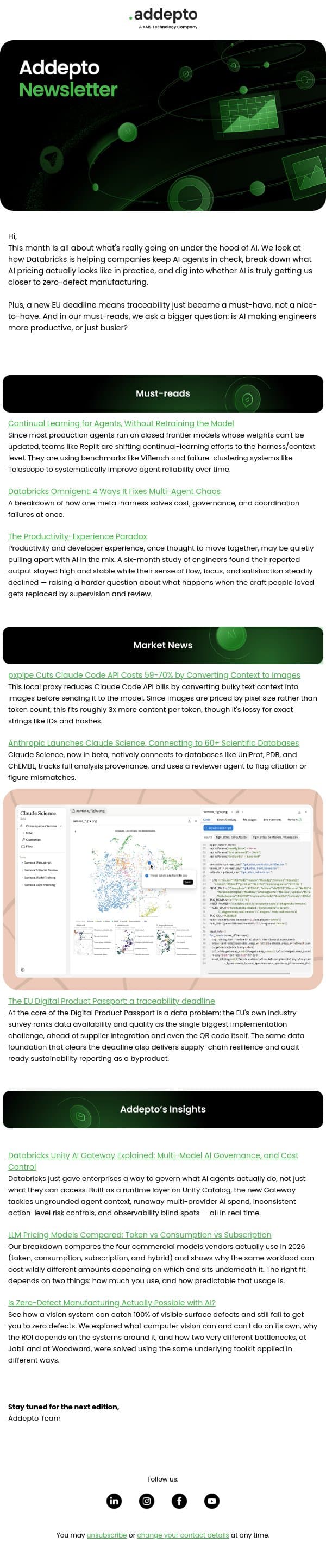 AI governance, hidden costs, and the productivity paradox nobody's talking about email from Addepto screenshot