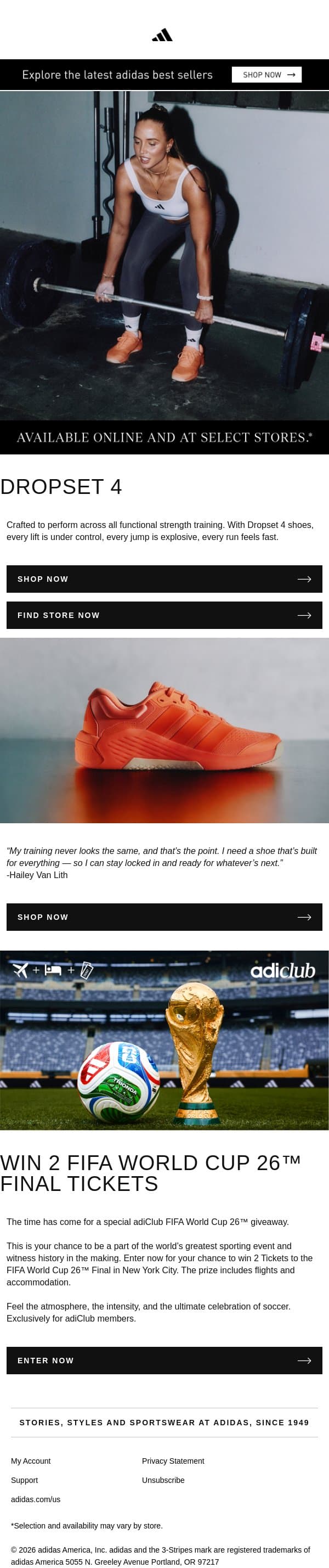 Lift, jump, and run with Dropset 4 shoes email from adidas screenshot