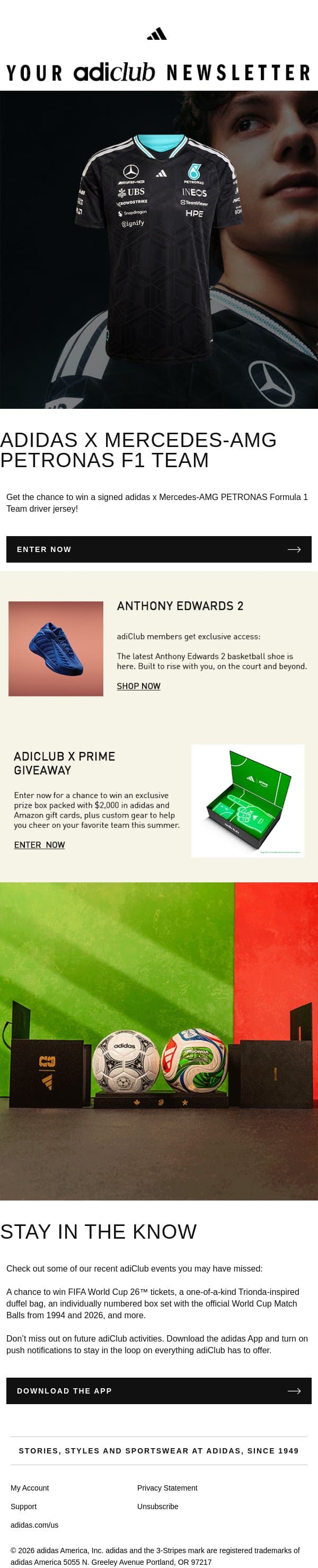 Participate for signed adidas x Mercedes-AMG PETRONAS Formula 1 Team jersey : May Newsletter email from adidas screenshot
