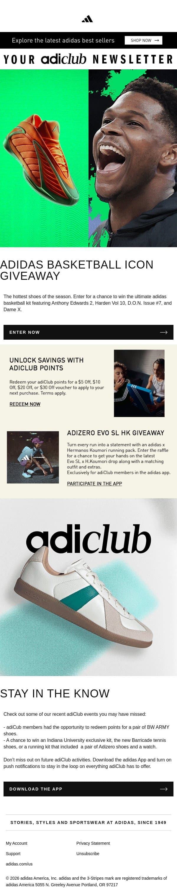 February Newsletter: Participate for some of the hottest shoes of the season. email from adidas screenshot