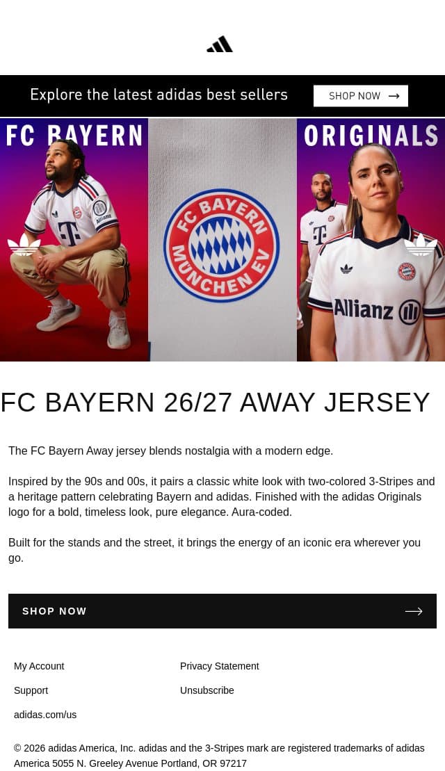 FC Bayern 26/27 away jersey email from adidas screenshot