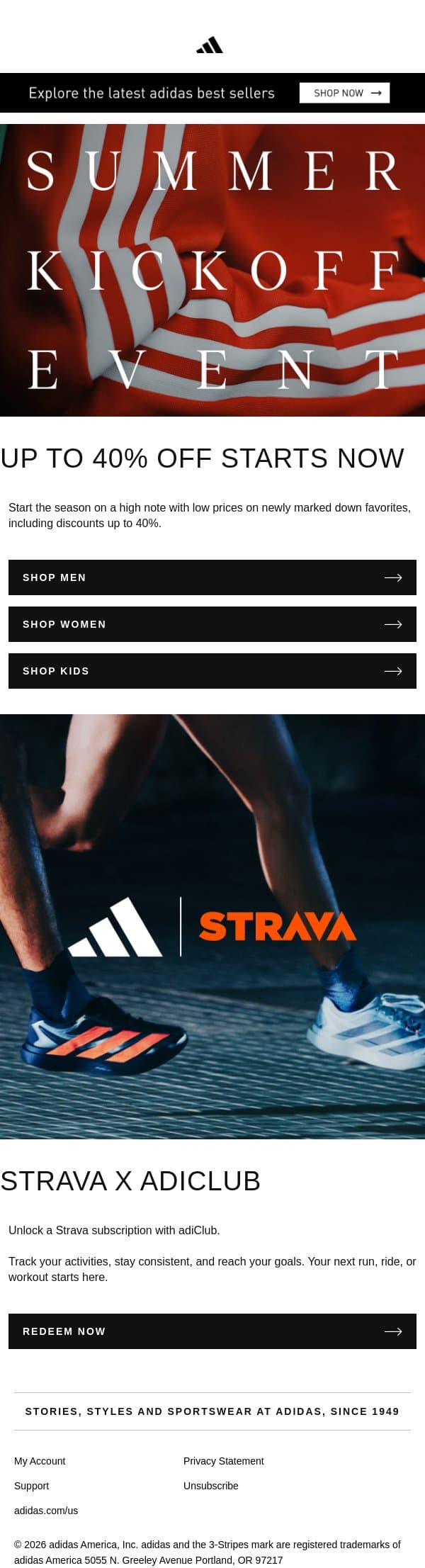 Get up to 40% off for warmer weather email from adidas screenshot
