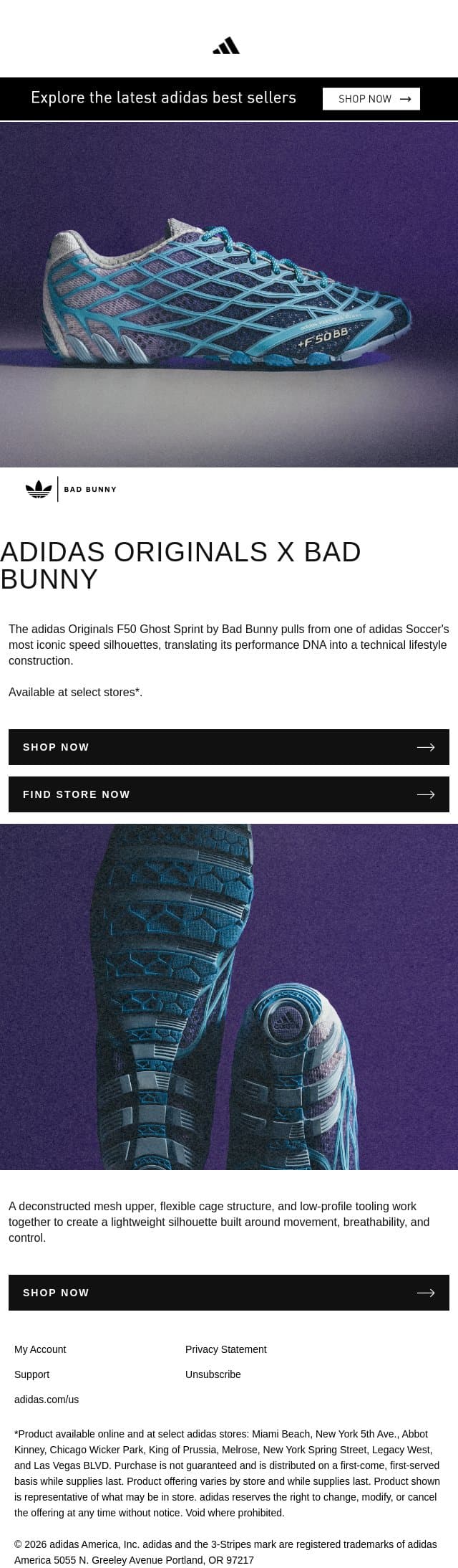 Bad Bunny F50 Ghost Sprint email from adidas screenshot