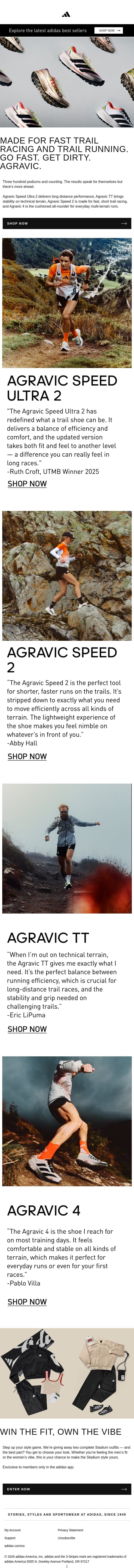 Every terrain. Every pace. One Agravic family. email from adidas screenshot