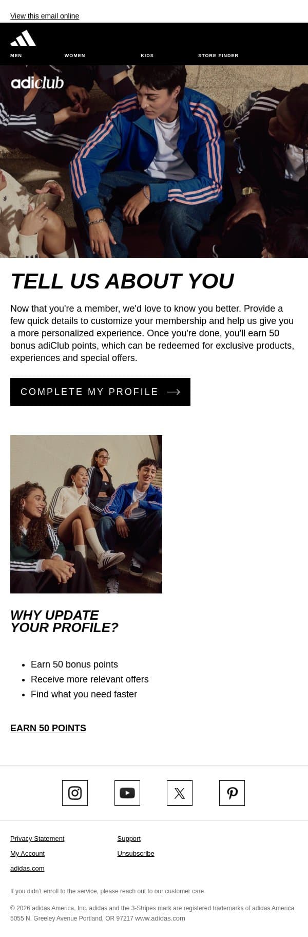Complete your profile to earn 50 adiClub points email from adidas screenshot