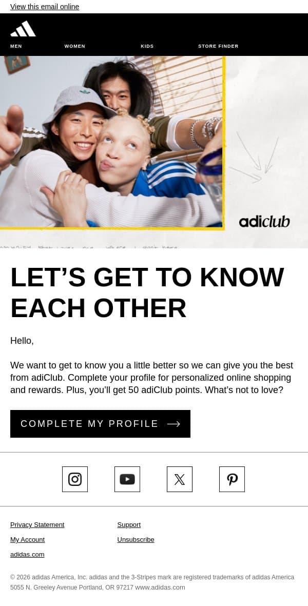 Earn 50 points for completing your profile email from adidas screenshot