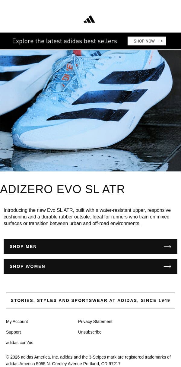 New Adizero Evo SL ATR running shoes email from adidas screenshot