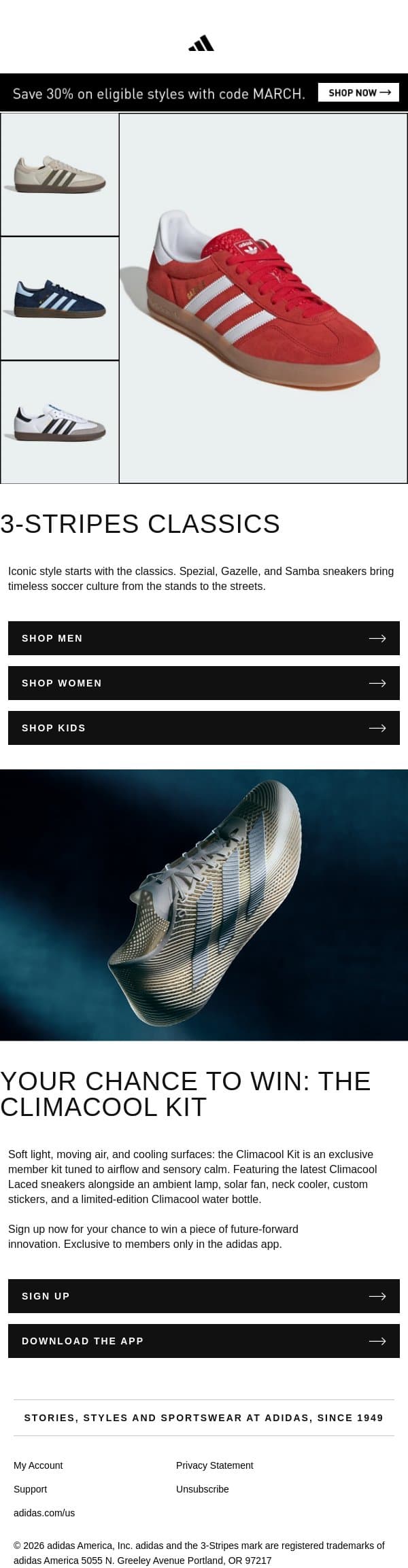 Meet the icons: Samba, Gazelle, and Spezial email from adidas screenshot
