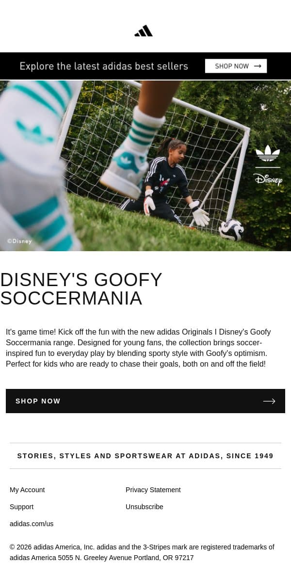 Disney's Goofy Soccermania email from adidas screenshot