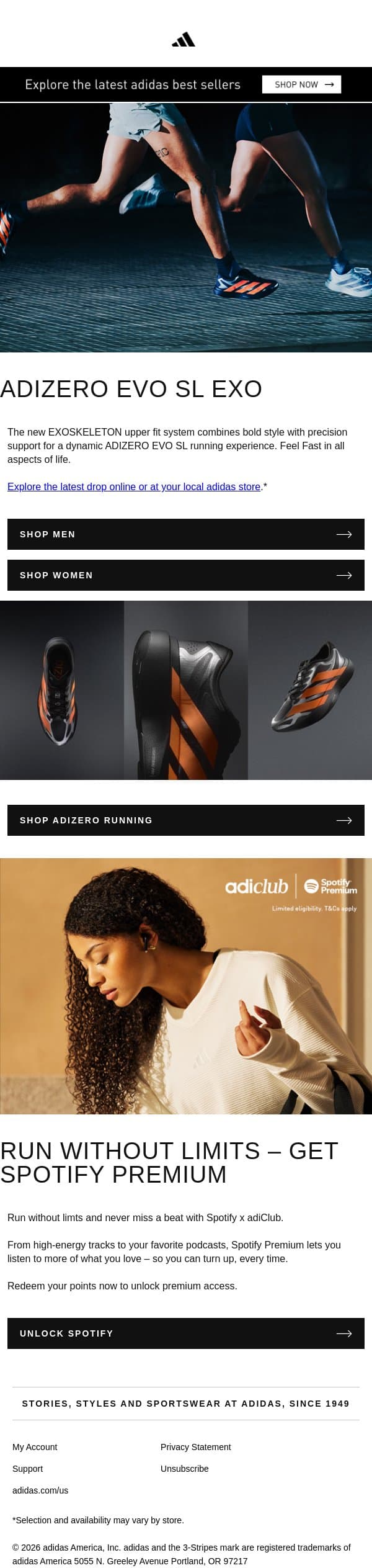 The ADIZERO EVO SL EXO running shoe is here email from adidas screenshot