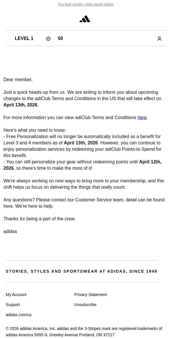 Changes to your adiClub Account. email from adidas screenshot