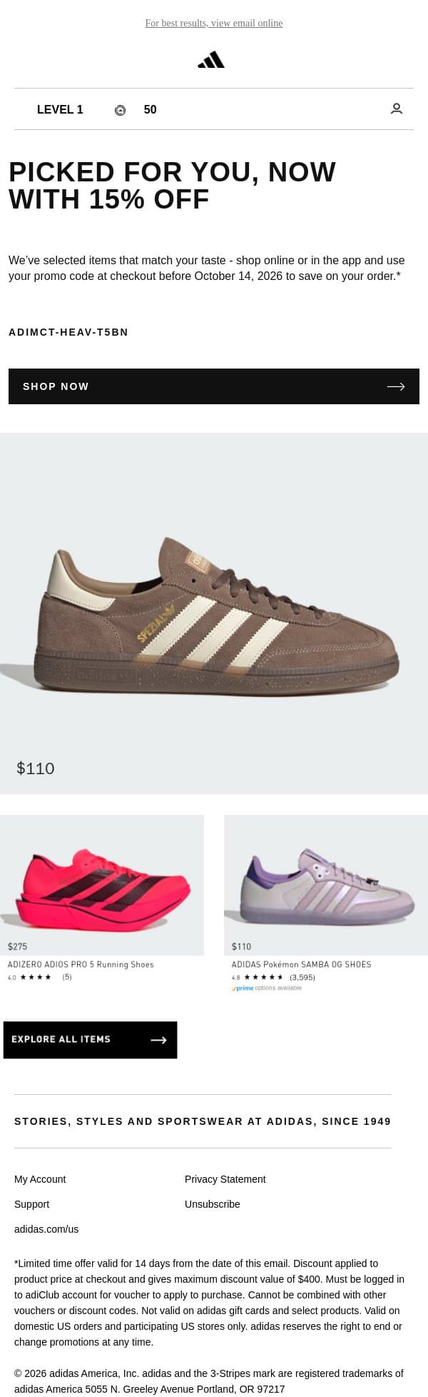 15% off, before it expires email from adidas screenshot