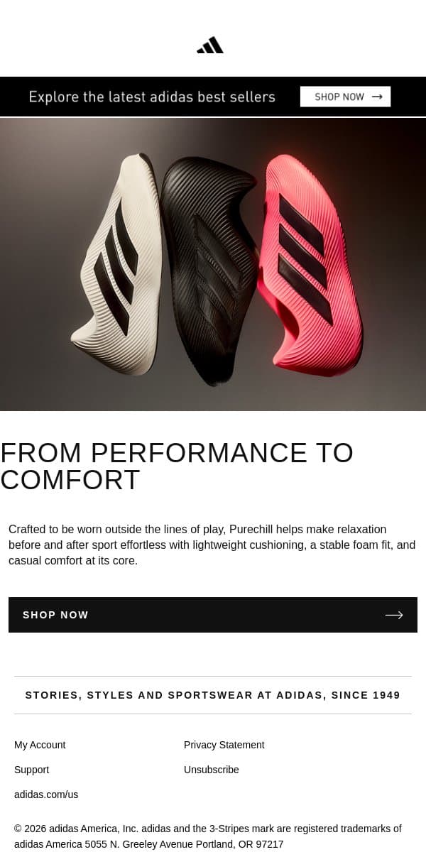Make relaxation effortless with Purechill email from adidas screenshot