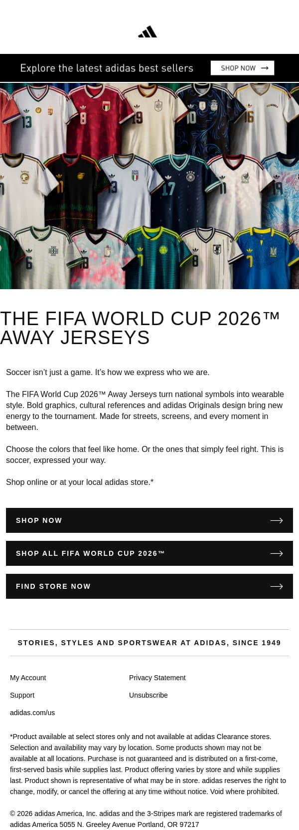 The Trefoil takes over the FIFA World Cup 2026™ email from adidas screenshot