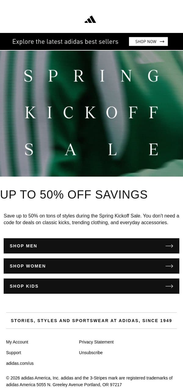 Spring into savings on fresh styles email from adidas screenshot