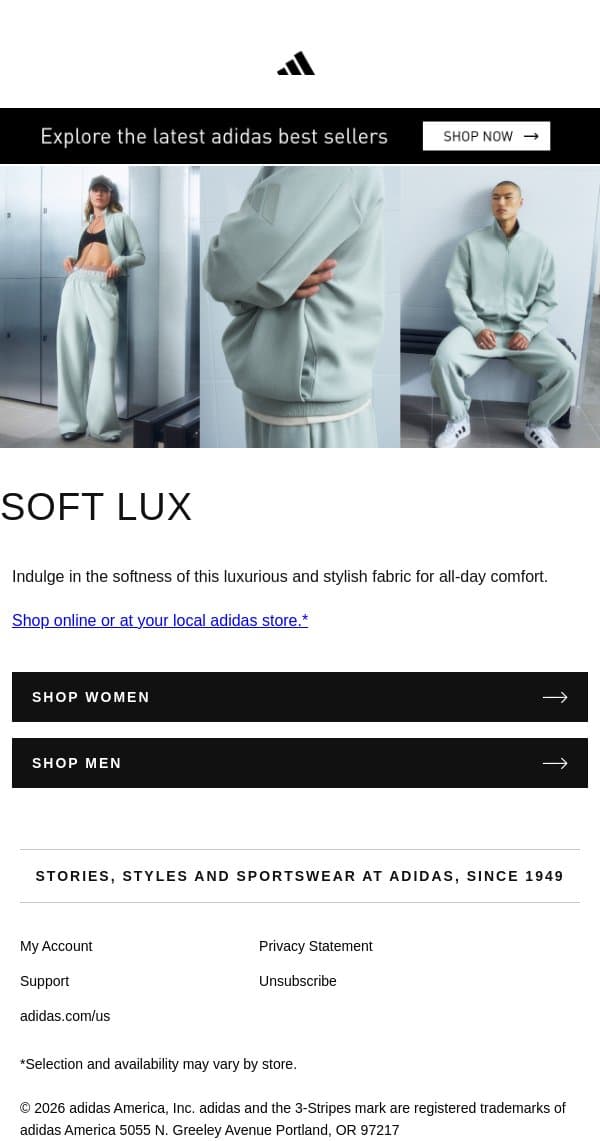 Comfort + style = the Soft Lux collection email from adidas screenshot