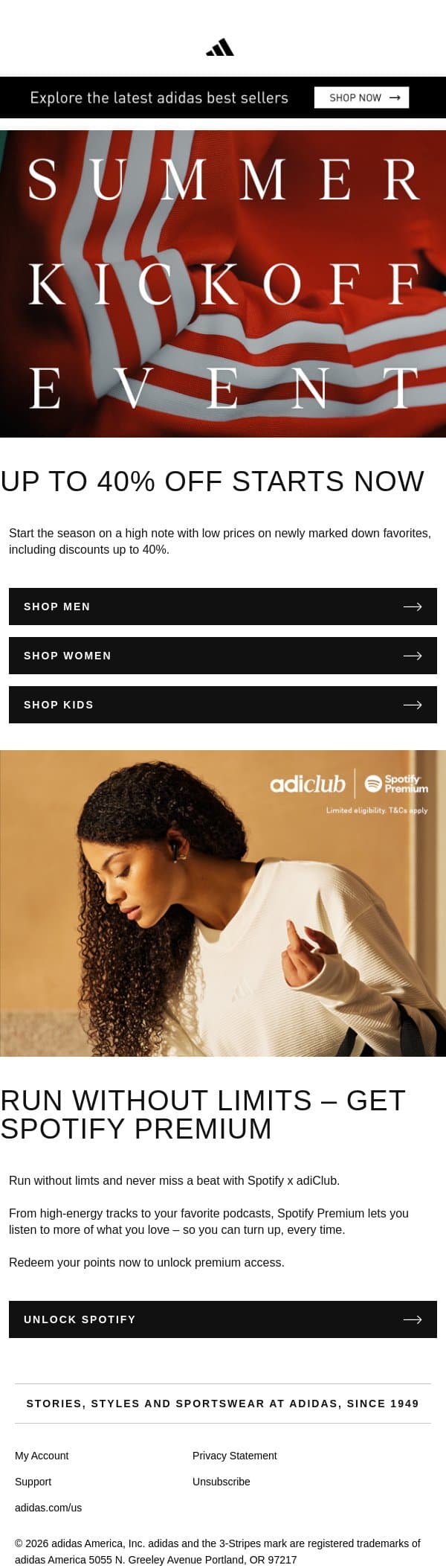 Score big on the best gear, now up to 40% off. email from adidas screenshot
